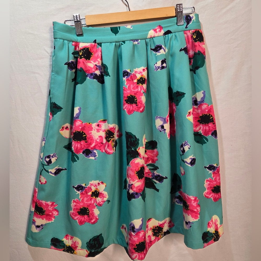 Yellowberry Floral Skirt A-line Midi Teal With Pink & Purple Flowers